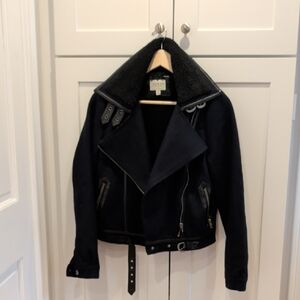Navy & Black Shearling-Trim Moto Jacket